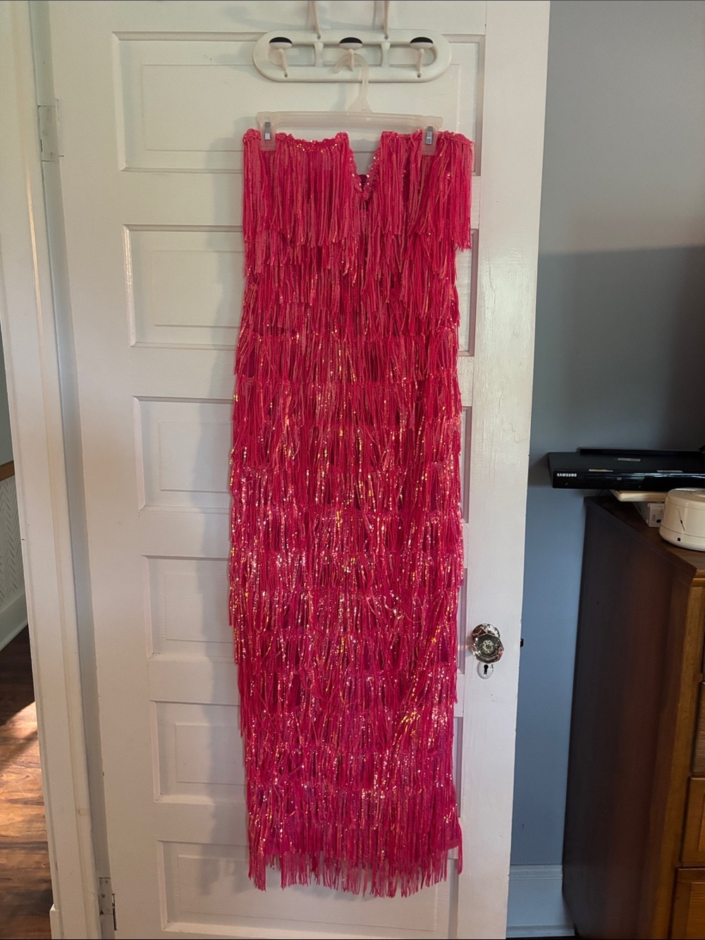 Bright Pink Fringe Sequin Maxi Dress